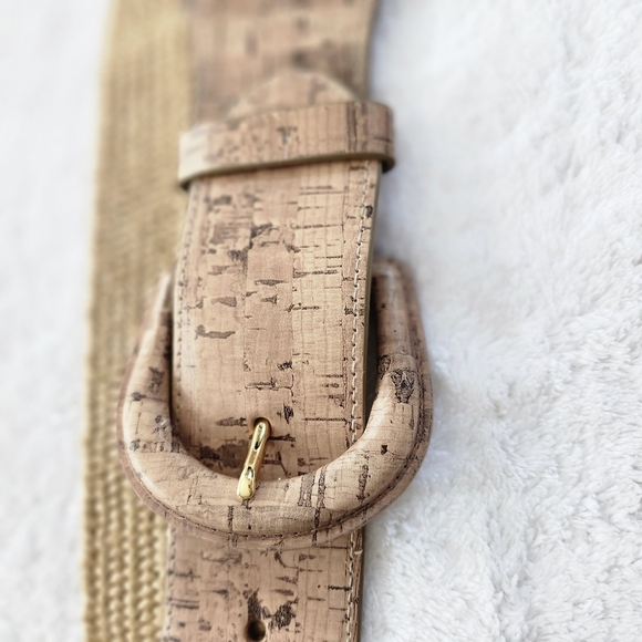Lauren Gold and Brown Woven stretch Belt with Cork Buckle - Picture 3 of 5